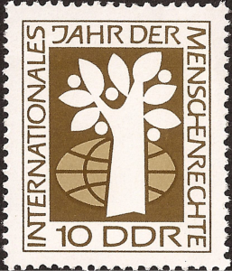 Another stamp commemorating International Human Rights Year 1968. The tree and globe represent the right to life
